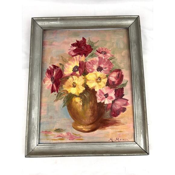 VTG Oil Painting Signed Flower Vase Framed MCM 80s Still Life Original Floral - Picture 1 of 10